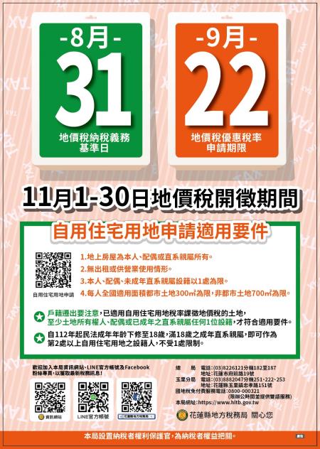 別讓您的權益睡著了~9月22日前申請自用住宅優惠稅率及減免稅地，逾期申請自次年起適用。花蓮縣地方稅務局提醒您！.jpg